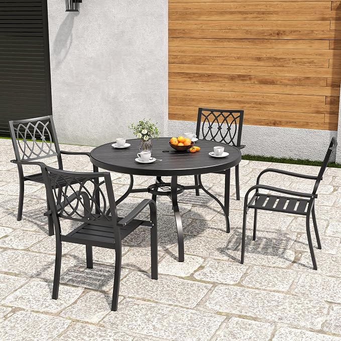 47" Round Wood Patio Table with Umbrella Hole,Outdoor Dining Table with Steel Frame for Patio Garden Deck Dining Room Office