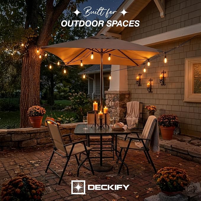 6-Piece Outdoor Patio Furniture Set for 4, Patio Table and Chairs Set with Umbrella, All-Weather Steel Frame & Glass Top Dining Table Set for Backyard, Lawn - Tan