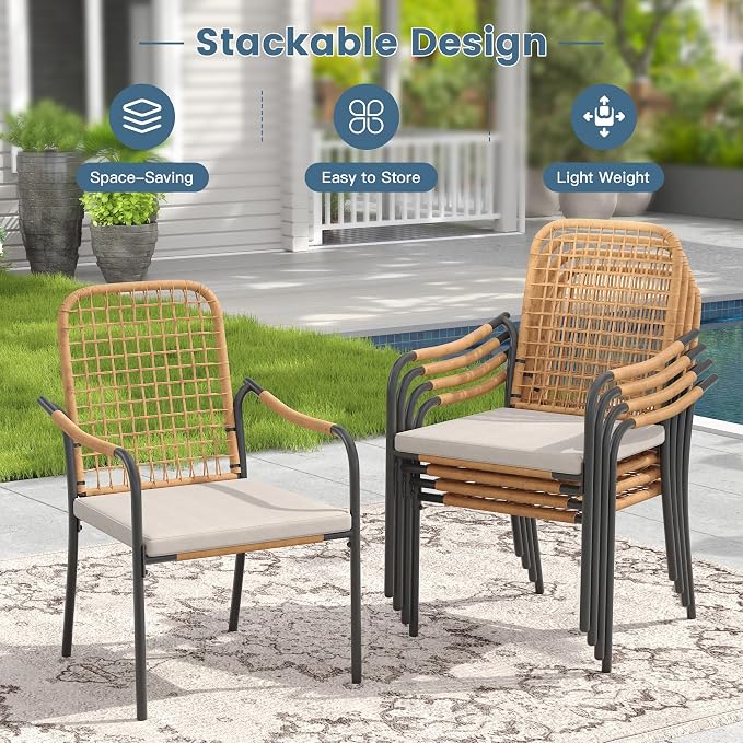 DIFY 11 Pieces Outdoor Dining Set, Metal Patio Table and Chairs Set for 10, 63" Round Dining Table with Umbrella Hole & Wicker Stackable Patio Chairs with Cushions, Black Tabletop