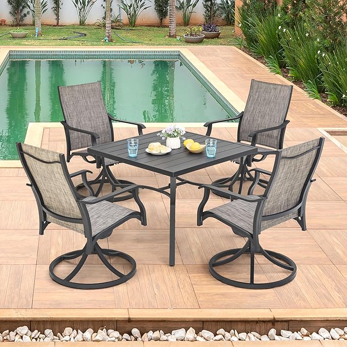 NUU GARDEN 5 Piece Outdoor Dining Set, Aluminum Patio Dining Set Include Weather-Resistant Table with 1.97" Umbrella Hole and 4 Textilene Swivel Chairs, for Garden,Backyard, Brown and Black