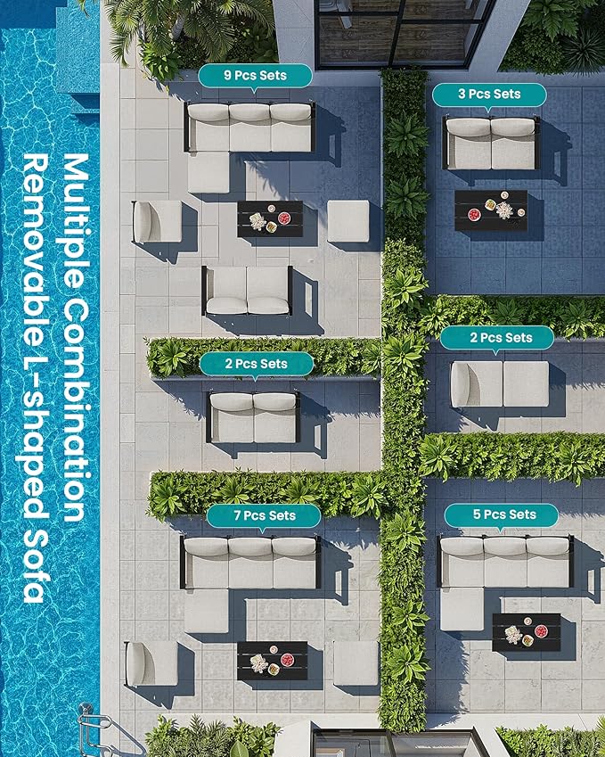 SERWALL HDPE Patio Loveseat Sofa, 2 Pieces Single Sofa, Weather-Resistant Outdoor Furniture Chair with Thick Removable Cushion, Balcony, Garden, Backyard, Poolside, Black Frame with Khaki Cushion