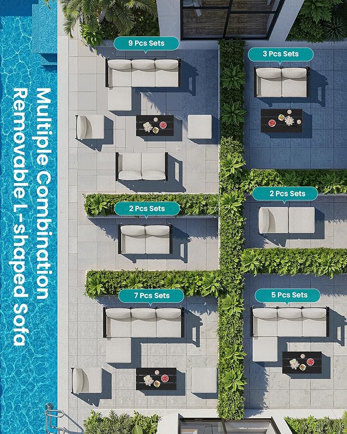 SERWALL 9 Pieces Patio Furniture Set, HDPE Outdoor Sectional Sofas, Outdoor Couch Set with Cushions and Coffee Table, Extra-Large Modular Conversation Set for Garden, Black Frame with Khaki Cushion