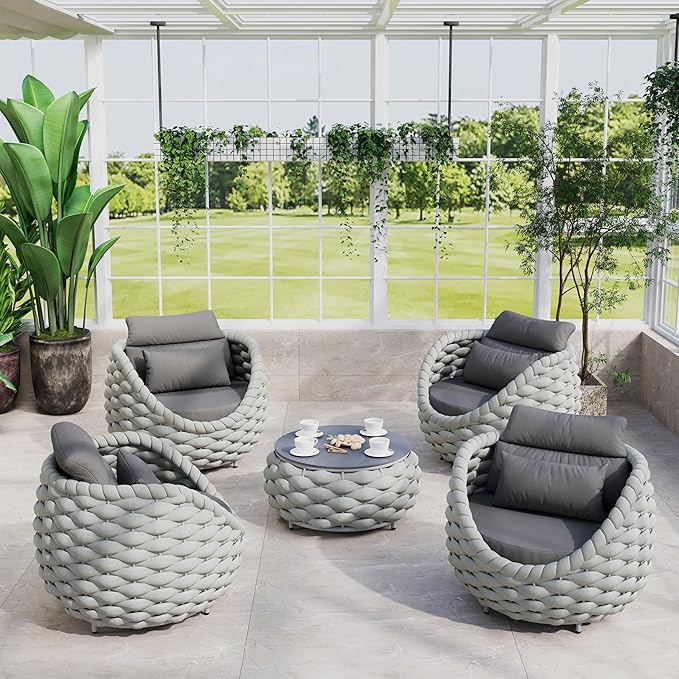 Front Porch Furniture 5 Piece Set: Aluminum Woven Rope Patio Conversation Sofa Set - Assembled Accent Chair Modern - Cushioned Armchair Couch Set for 400 lbs Deck Backyard Poolside Garden Hotel