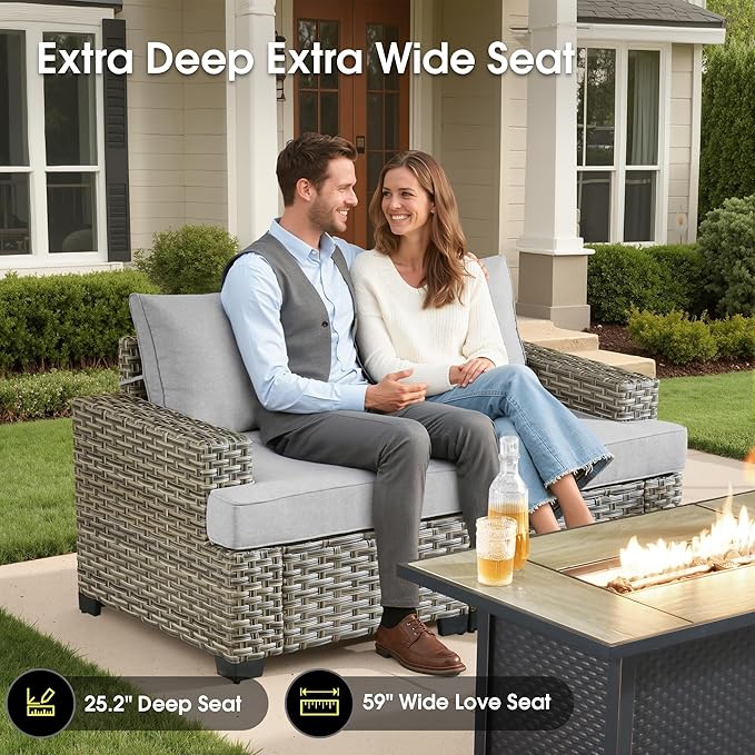 Rattan Patio Furniture Set with Fire Pit Table,9 Pieces Outdoor Sectional with Swivel Chairs Ottoman,Out Door Furniture Conversation Set,Light Grey