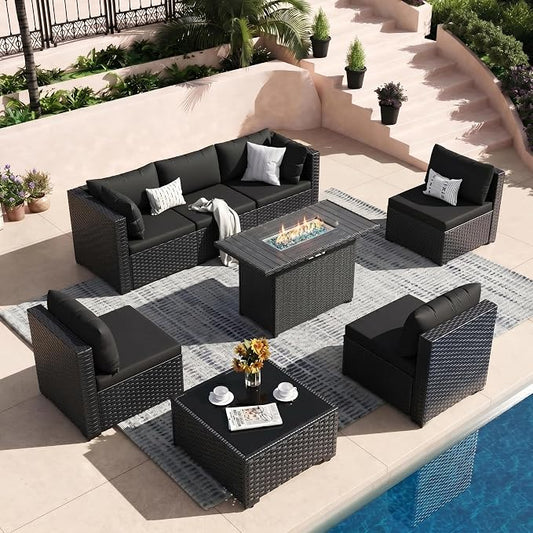 8 Piece Patio Furniture Set with 43" Fire Pit Table, Outdoor Sectional Wicker Rattan Sofa Set with Coffee Table (Black/Black)