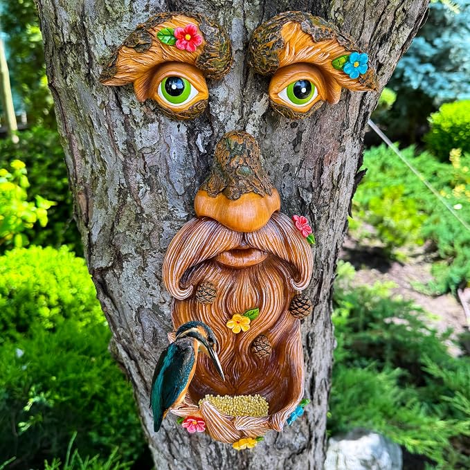 Mood Lab Tree Face Decor with Flowers - Outdoor Old Man Face Decoration - Tree Garden Hugger - Yard Art Statue