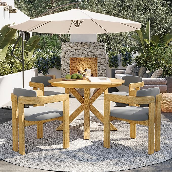 VilroCaz Acacia Wood Outdoor Dining Set for 4, All-Weather Outdoor Round Dining Table and 4 Barrel Chairs & Removable Cushions, 5-Piece Patio Furniture for Backyard Deck Poolside (Gray-ZD)