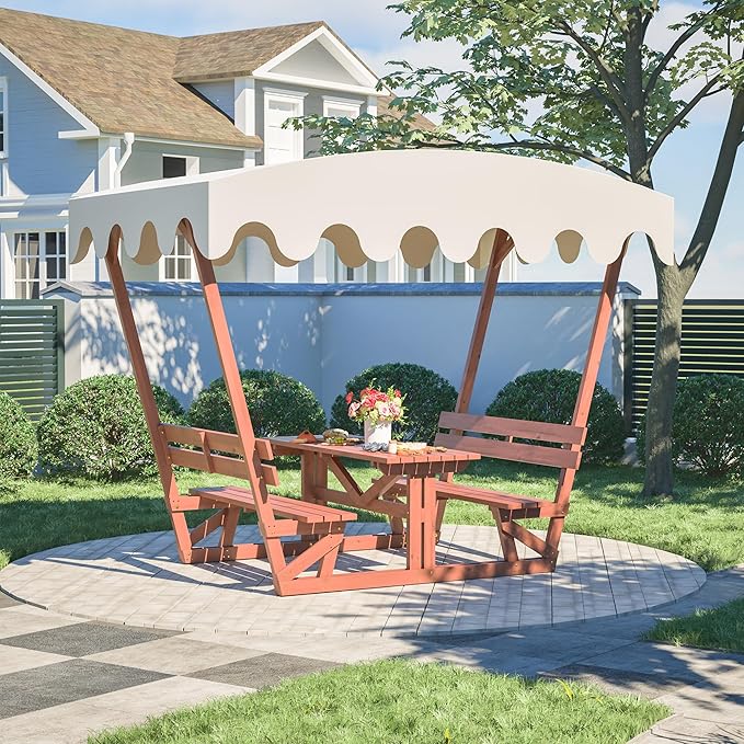 Wood Outdoor Picnic Table Bench Set, Wooden Dining Table Set with 2 Built-in Benches for 4-6 Adults, All-Weather Patio Table and Bench Set with Detachable Sunshade Canopy for Front Porch Lawn Garden