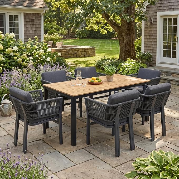 Christopher Knight Home Tamken Acacia Wood Outdoor Dining Set for 6, 7 Piece Patio Dining Table and Chair Set, Metal Outdoor Dining Armchair and Table Set with Removable Cushion, Black+Grey+Teak