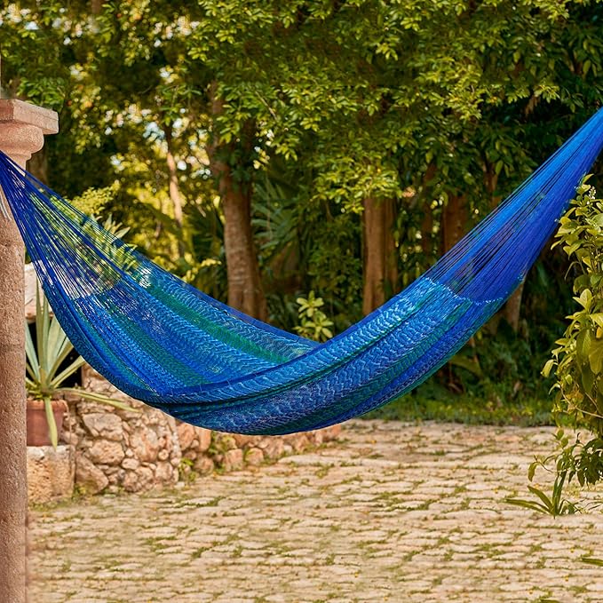 NOVICA Artisan Handmade Hammock Striped Mayan Single Blue Green Nylon Mexico Rope Solid [Bed Size 78in L x 48in W Total Length 158in L] ' Cool Lagoon' Single