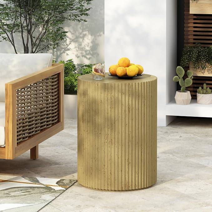 Outdoor Side Table Round Cylinder Side Table Concrete End Tables Small Stone Coffee Tables Patio Garden Stool Plant Stand for Porch, Backyard Balcony,Weather Resistant, MgO,Gold