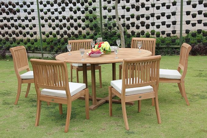 6 Seater Grade-A Teak Wood 7 Pc Dining Set 60" Round Dining Table & 6 Arbor Stacking Armless Chairs #TSDSAB56