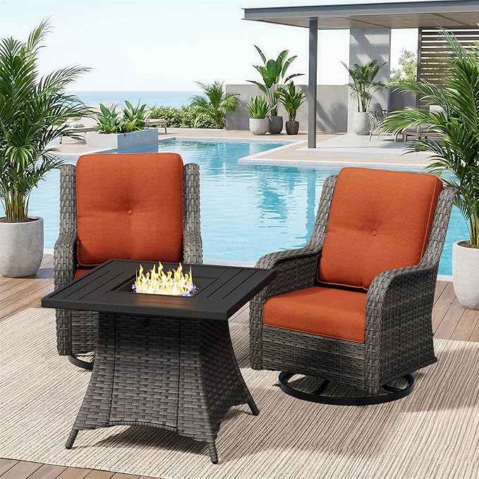 3 Pieces Outdoor Wicker Patio Furniture Set with Fire Pit Table, Swivel Rocker Patio Chairs Set with Thickened Cushions, High Back and Deep Seating, Hand-Woven PE Rattan for Porch, Deck