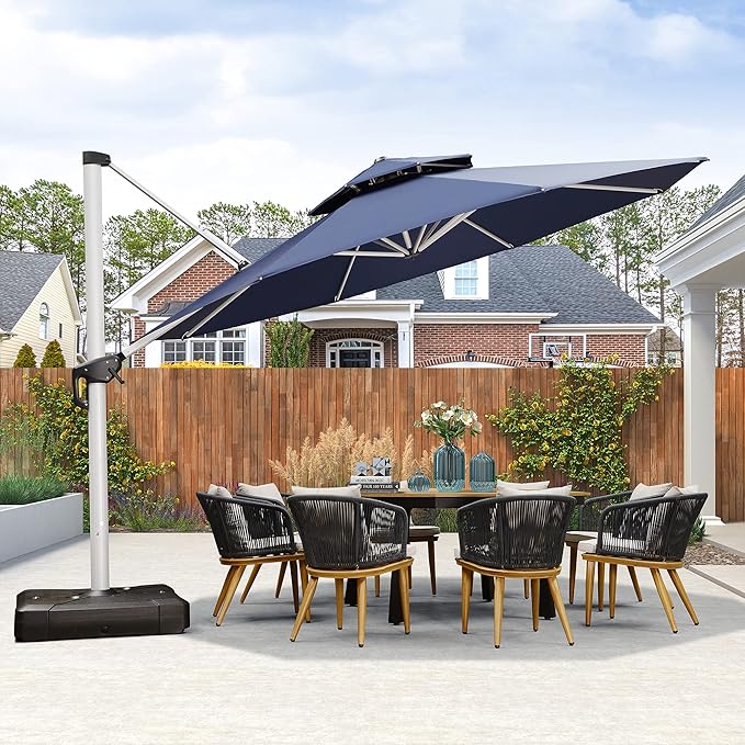 PURPLE LEAF 13 FT Cantilever Patio Umbrellas with Base Included, Large Round Offset Umbrella with 360° Rotation, Outdoor Aluminum Pool Umbrella for Pool Lawn Garden, Navy Blue