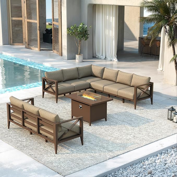 Patio Furniture Set with Fire Pit Table Outdoor Sectional Sofa Conversation Set for Backyard Deck Garden Seating
