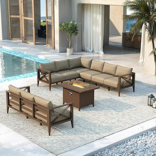 Patio Furniture Set with Fire Pit Table Outdoor Sectional Sofa Conversation Set for Backyard Deck Garden Seating