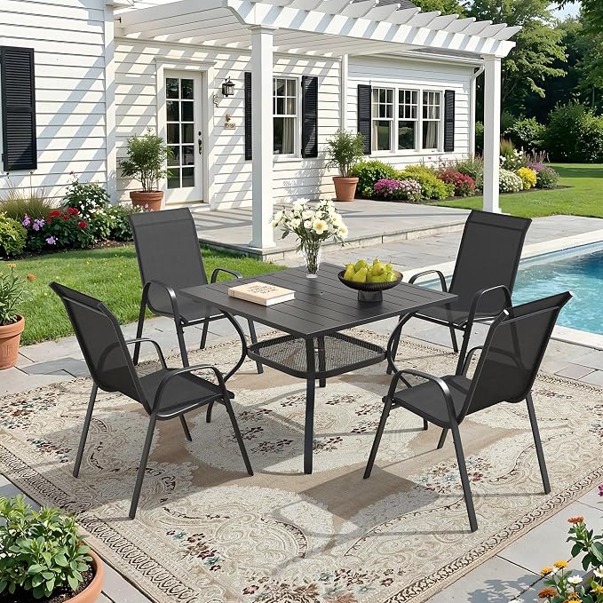 DIFY 5 Piece Outdoor Dining Set, 38" Black Square Metal Patio Table and Dark Grey Textilene Stackable Chairs for 4, All Weather Patio Furniture Set with Umbrella Hole for Backyard Garden Deck