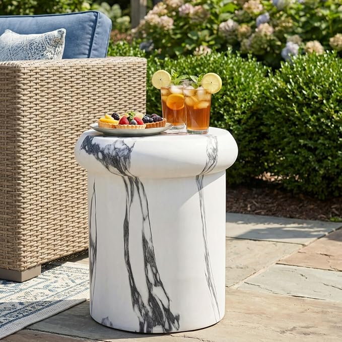 Merax 18.11" H Sculptural MGO Side Table, Modern Round End Table with Faux Marble&Travertine Finish, Indoor/Outdoor Versatile Pedestal Stool, Faux Marble