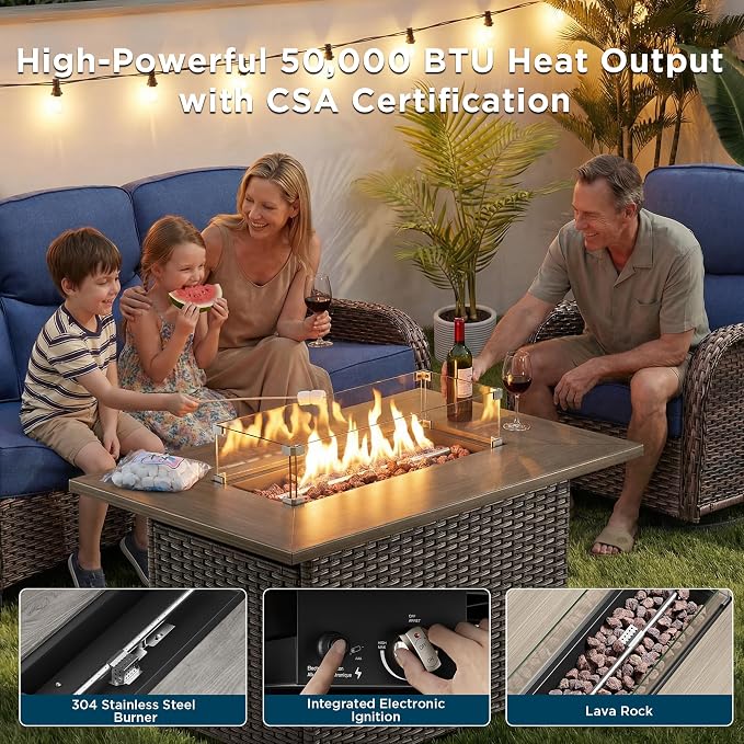 Luxury Patio Furniture Set with Fire Pit Table-4 Pieces High Back Wicker Swivel Rocker Chairs with 6" Extra Thick Cushions, Outdoor Patio Conversation Sets for Garden Deck(Brown/Blue)