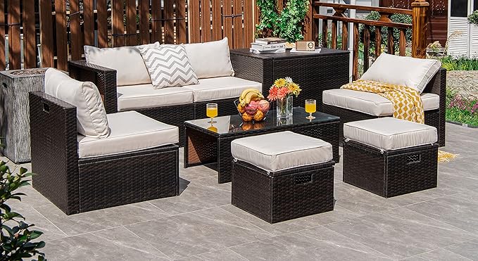 Tangkula 8 Piece Patio Furniture Set, Patiojoy Outdoor Space Saving PE Rattan Sectional Sofa Set for 6 with Waterproof Cover, for Garden, Deck, Poolside and Balcony (Off White)