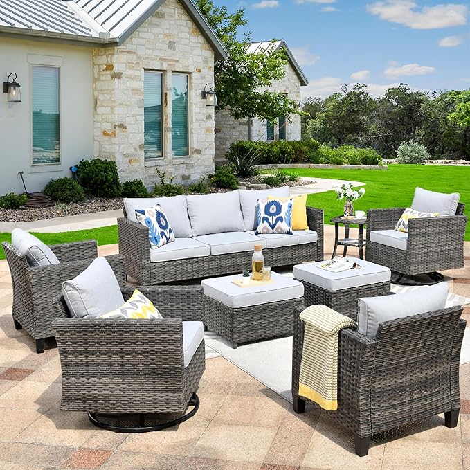 HOOOWOOO Wicker Patio Conversation Sets,8 Piece Outdoor Furniture Set with Swivel Rocking Chairs,All Weather Resistant Modern Outside Out Door Rattan Couch Chairs Side Table Set,Light Gray