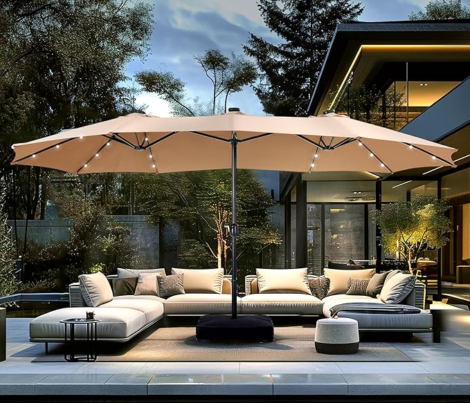 PHI VILLA 15ft Large Patio Umbrella with Base & Solar Lights, Double-Sided Outdoor Rectangle Umbrellas with 36 LED Lights, Umbrella for Outside with Stand, Beige