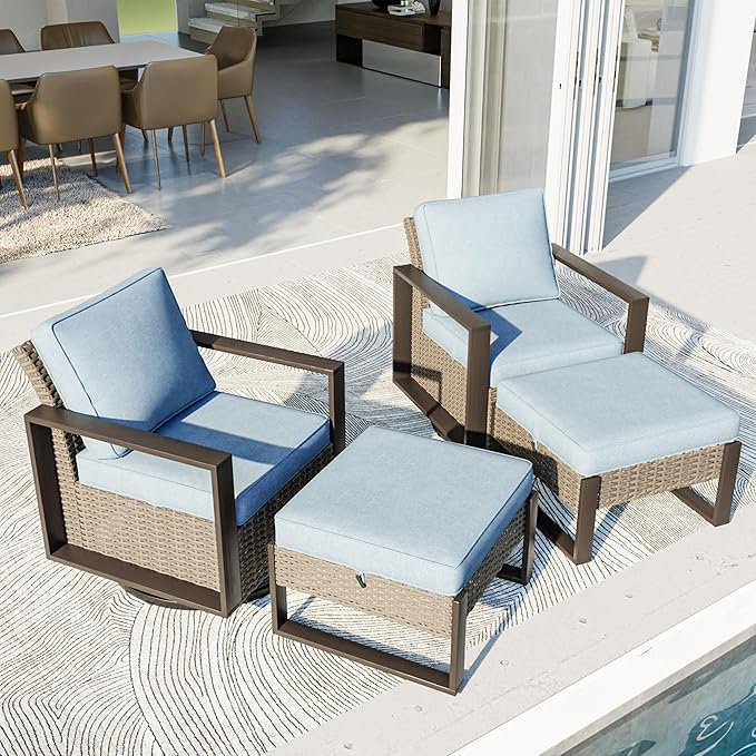 4 Piece Patio Furniture Set, Outdoor Swivel Rocker Patio Chairs and Ottoman, Metal Patio Furniture with Deep Seating, Thicken Cushions for Deck, Porch, Yard Use (Azure, 4 PCS/Swivel)
