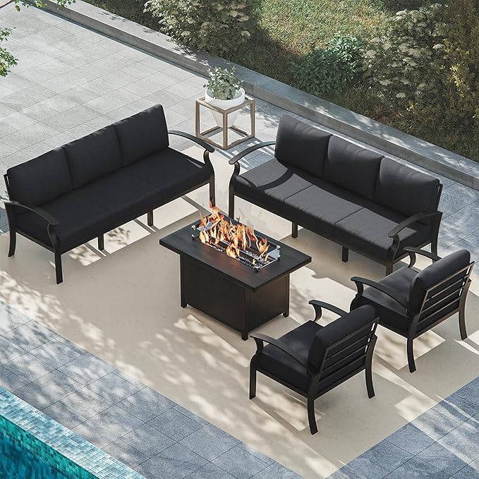 ALAULM Aluminum Patio Furniture Set with Propane Fire Pit Table 8-seat Metal Outdoor Furniture w/Fire Pit Patio Conversation Set w/5.1" Cushions for Patio, Backyard, Poolside-Black
