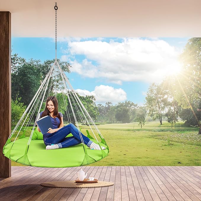 Sorbus 56" Stylish Hanging Swing Nest - Premium Cotton Double Hammock Daybed Saucer Swing Lounger - 264lbs Spinner Swing w/Pillow - Easy Setup Sturdy Tree Swing - for Indoor/Outdoor, Travel - Green