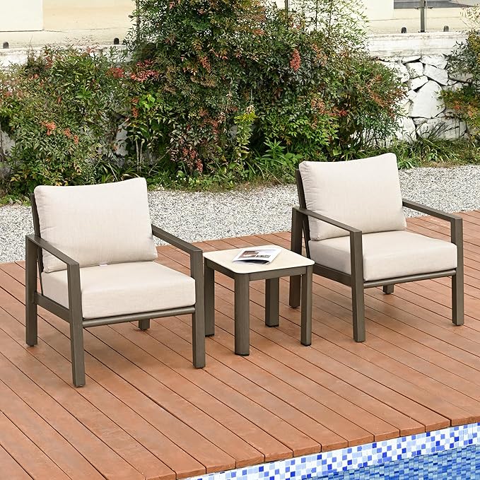 HAPPATIO Patio Conversation Set, 3-Piece Aluminum Oversized Patio Furniture Set with Rope Woven Backrest, Side Table and 2 Chairs with Thick Cushion, Hand-Brushed Frame for Yard, Porch, Balcony
