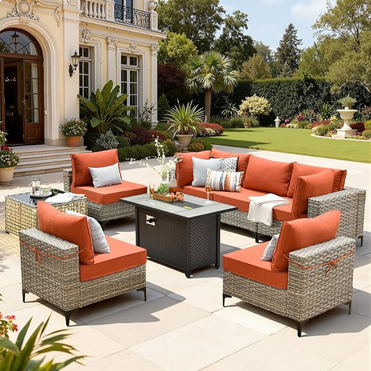 8 Pieces Patio Furniture Set with 42" Fire Pit, All-Weather Rattan Outdoor Sectional Conversation Sets L Shaped Sofas with Solar Light Coffee Table for Porch Backyard,Coarse Stripes Red