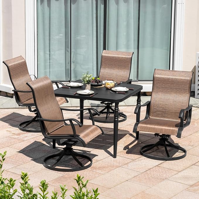 NUU GARDEN 5-Piece Outdoor Dining Set with 37 Inch Metal Table with Umbrella Hole and 4 Patio Swivel Rocking Textilene Chairs All-Weather Furniture for Porch Backyard Garden Poolside Deck Black Brown