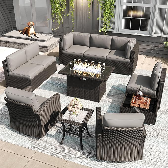 LayinSun 11 Pieces Patio Furniture Set with Fire Pit Table, Black Rattan Modular Sectional Outdoor Conversation Sofa Set, Swivel Rocking Chairs Set