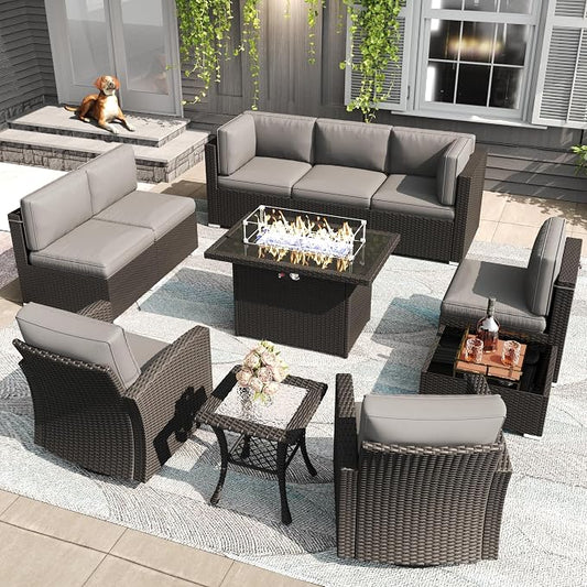 LayinSun 11 Pieces Patio Furniture Set with Fire Pit Table, Black Rattan Modular Sectional Outdoor Conversation Sofa Set, Swivel Rocking Chairs Set