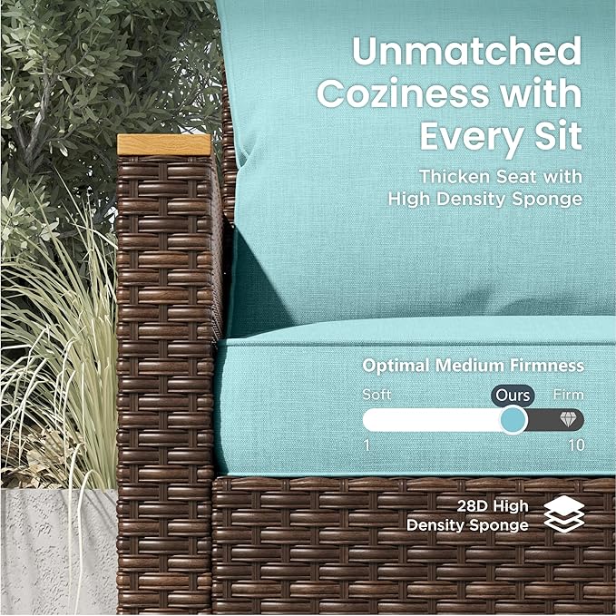 PHI VILLA Wicker Patio Furniture Sofa Set, 2 Seats Rattan Sofa with Deep Seating for Poolside, Garden 2 x Single Sofa, Aqua Blue