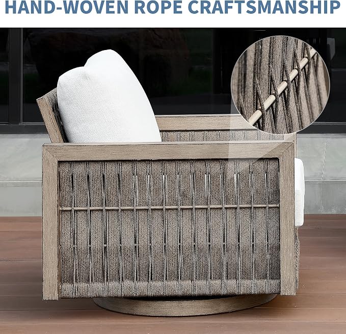 2 Pieces Patio Swivel Chair, Rope Weave Outdoor Chair with Widened Armrests & Thick Cushions, All-Weather Never-Rust Aluminum Deep Seating Armchair for Garden, Porch, Deck, Gray Oak