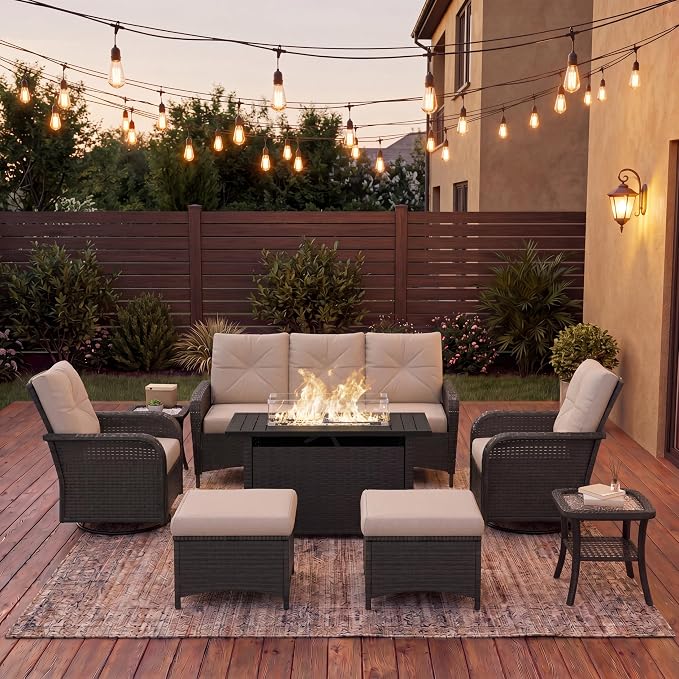 LazySunsets 9 Piece Outdoor Patio Furniture Set with 44'' Fire Pit Table, Outdoor Patio Furniture Set with High Back Swivel Rocker Chairs, Outdoor Conversation Set with Thick Cushions & Ottoman, Beige