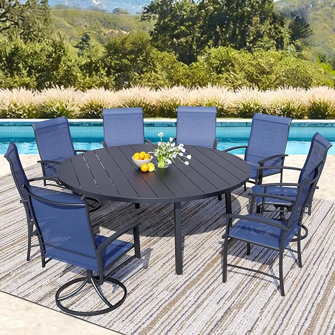 9 Piece Outdoor Patio Dining Set for 8, 60" Black Round Metal Table with 8 Blue Chairs, All-Weather Outdoor Furniture Set for Backyard, Lawn, Deck, or Poolside