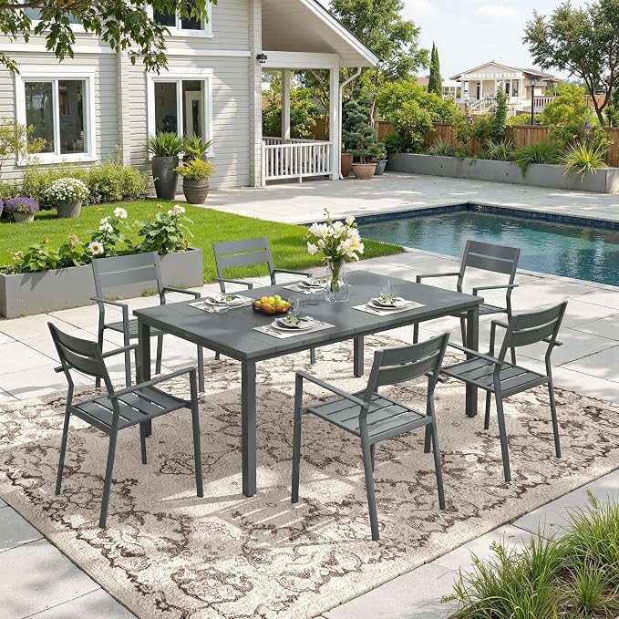 DIFY 7 Pieces Outdoor Patio Dining Set, 6 Grey Stackable Metal Dining Chairs and 63" Grey Rectangle Dining Table, Outdoor Table and Chairs for Lawn Garden Backyard Deck
