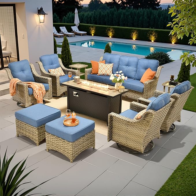 10 PCS Outdoor Patio Furniture Sets, Patio Conversation Sets Outside Rattan Soft Cushion Sofa with 4 Wicker Rocking Chairs & 54 in Fire Pit Table Fit Backyard Garden Poolside Balcony,Diamond Blue