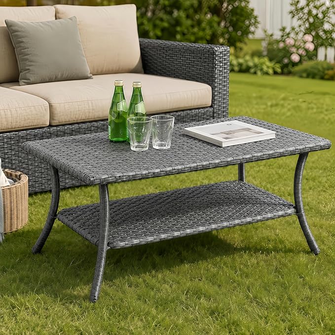 HUMMUH 42-inch 2-Tier Outdoor Patio Coffee Table, Grey PE Rattan Center Table with Powder-Coated Metal Frame for Garden, Backyard, Porch Storage