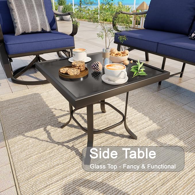4 Pieces Outdoor Furniture Set, Patio Conversation Set with Swivel Rocking Chairs Sets and 3-Seater Couch Sofa for Deck, Porch, Garden, Backyard, Poolside (Blue Cushions)