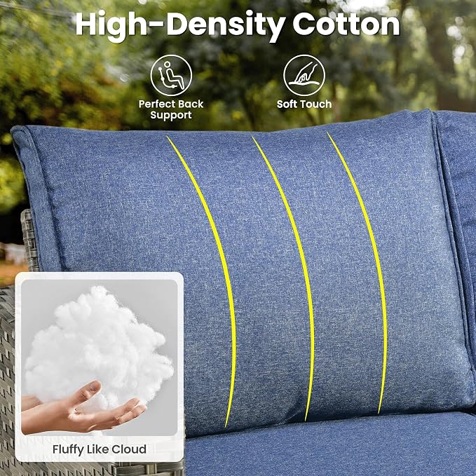 ovios 5 Pieces Patio Furniture Set, Outdoor Wicker Rattan Sofa Couch with Ottomans Comfy Cushions, Modern Conversation Set for Deck Backyard Porch, Denim Blue