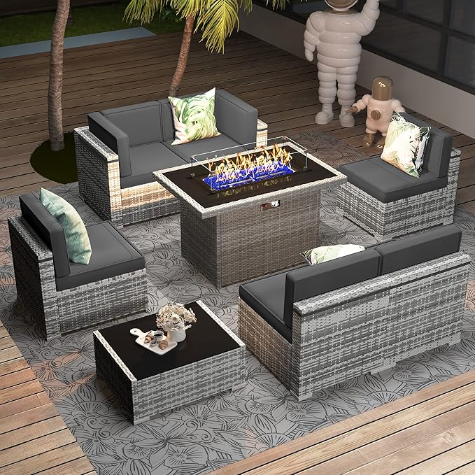 8 Pieces Patio Furniture Set with 44" Propane Gas Fire Pit Table, Outdoor Sectional Wicker Conversation Sofa Sets with Coffee Table