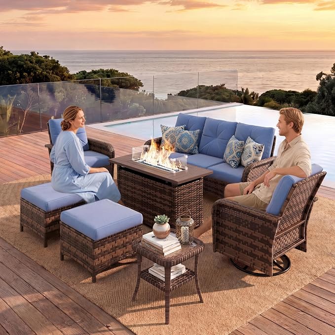 LazySunsets 9 Piece Outdoor Patio Furniture Set with 44'' Fire Pit Table, Wicker Rattan Outdoor Furniture with High Back Swivel Rocker Chairs, Outdoor Sofa Set with Thick Cushions & Ottoman, Navy Blue