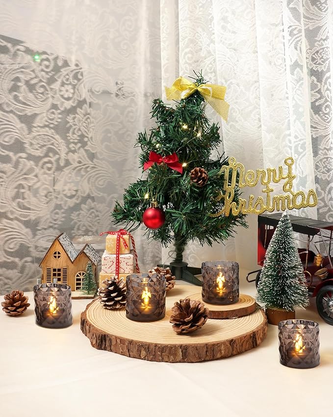 Homemory 2" x 2" Acrylic Votive Candle Holders with Auto Timer Flameless Led Tealight, Battery Powered Fake Electric Candles for Wedding Centerpiece, Table, Christmas Decor (6Pack, Gray Base)