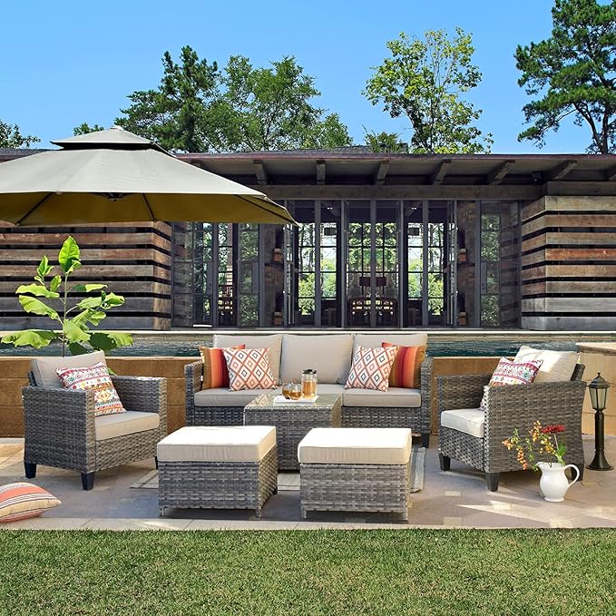 ovios 6 Pieces Patio Furniture Set, Outdoor Wicker Rattan Sofa Couch with Glass Table, Chairs, Comfy Cushions, Conversation Sets for Porch Deck Garden, Beige
