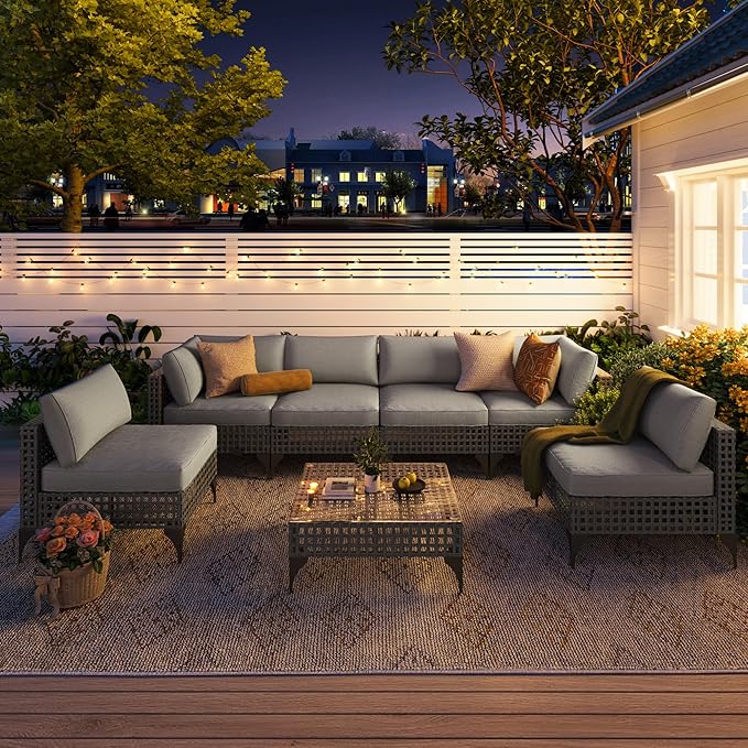 AECOJOY 7 PCS Patio Outdoor Furniture Set with Tea Table, Boho Outdoor Sectional Outdoor Sofa Wicker Conversation Set, Grey Rattan&Light Grey Cushions