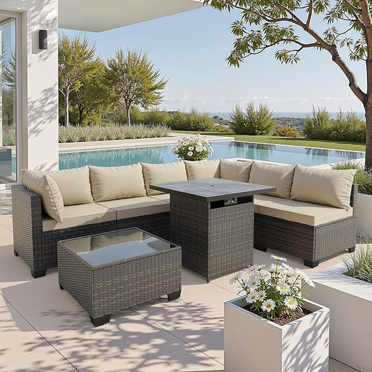 WWR Patio Furniture Set with 50000 BTU Propane Fire Pit Table 8 Piece, Wicker Outdoor Patio Conversation Set, Waterproof Rattan Patio Couch Set for Backyard, Deck & Garden, Brown/Khaki Gray