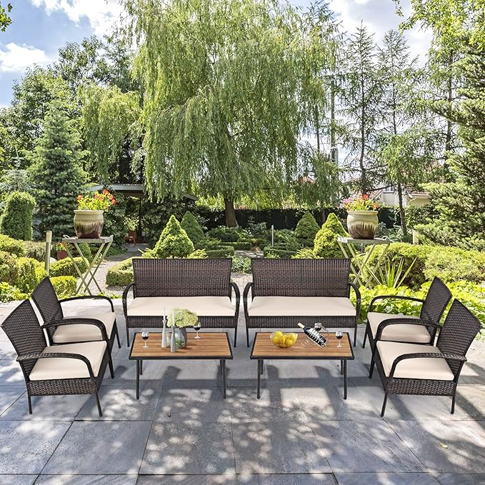 Tangkula 8 PCS Patio Rattan Furniture Set, Outdoor Conversation Set w/Cushions & Acacia Wood Coffee Tabletop, Sectional Sofa Set for Garden, Backyard, Poolside (2, Brown)
